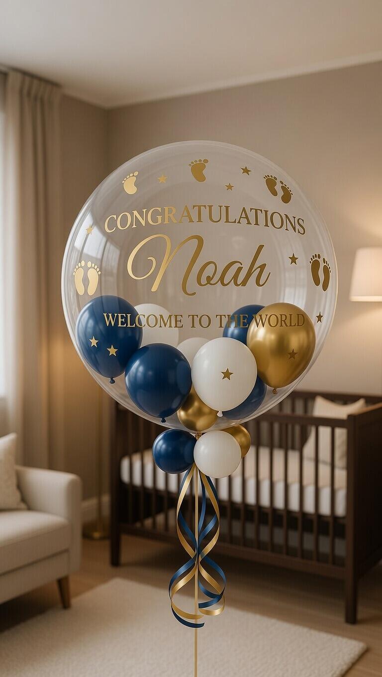 Navy blue and gold themed new baby boy personalised balloon