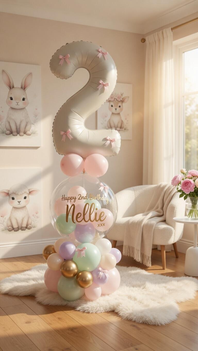 Colourful pastel balloon arrangement with number 2 for a 2nd birthday. Soft pink, mint, lavender and gold balloons with "Happy 2nd Birthday Nellie" in a bright cozy nursery room.