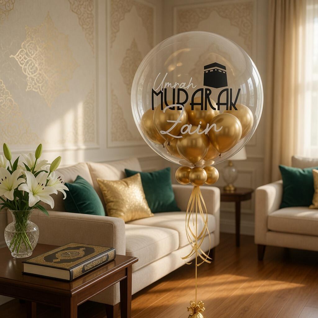 Personalised 24 inch Umrah Mubarak balloon with elegant custom wording