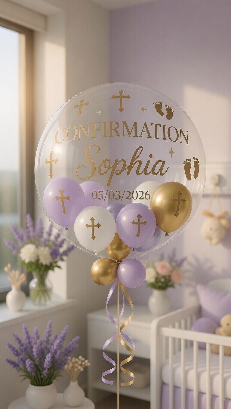 Lilac and gold themed girl confirmation personalised balloon