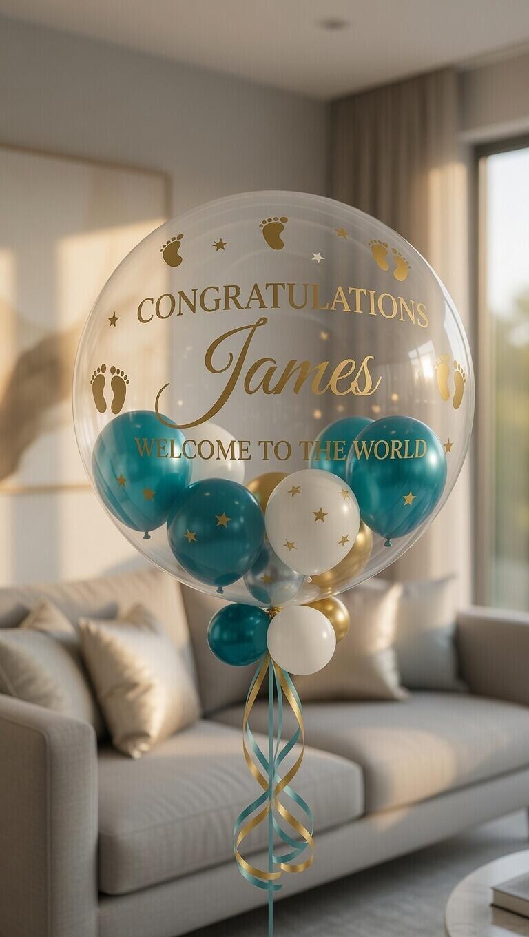 Teal and gold themed new baby boy personalised balloon