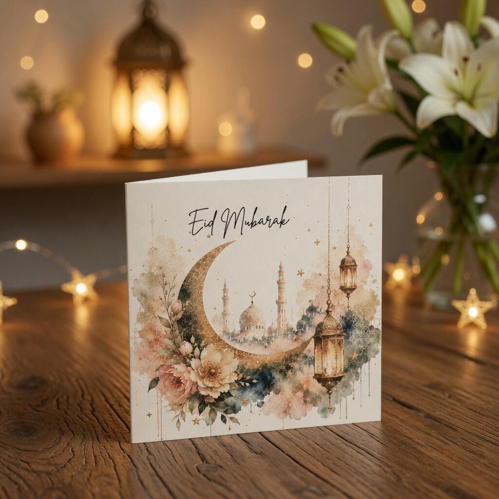 Eid Mubarak Mosque Lantern Card hand-finished Ladybug greeting card with Swarovski crystals or pearls