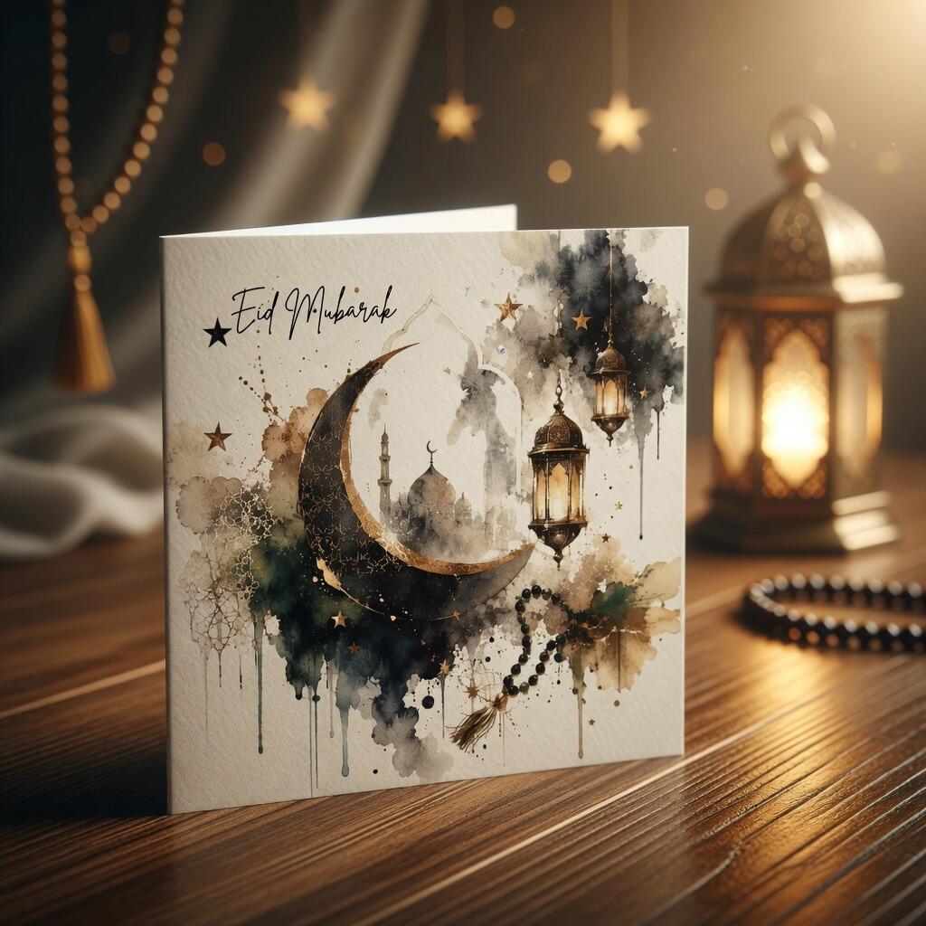 Umrah Mubarak Crescent & Prayer Beads Card hand-finished Ladybug greeting card with Swarovski crystals or pearls