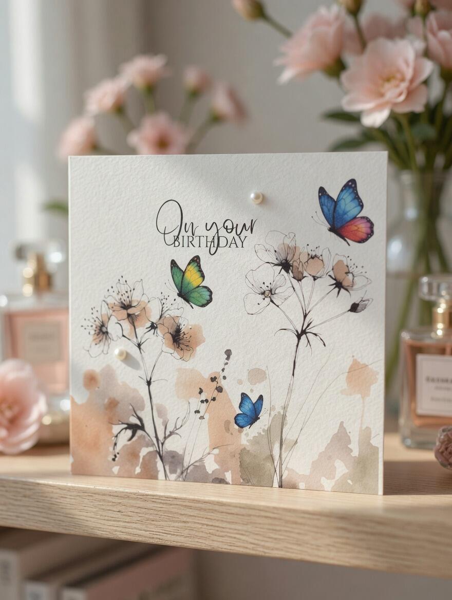 On Your Birthday Butterflies Card hand-finished Ladybug greeting card with Swarovski crystals or pearls