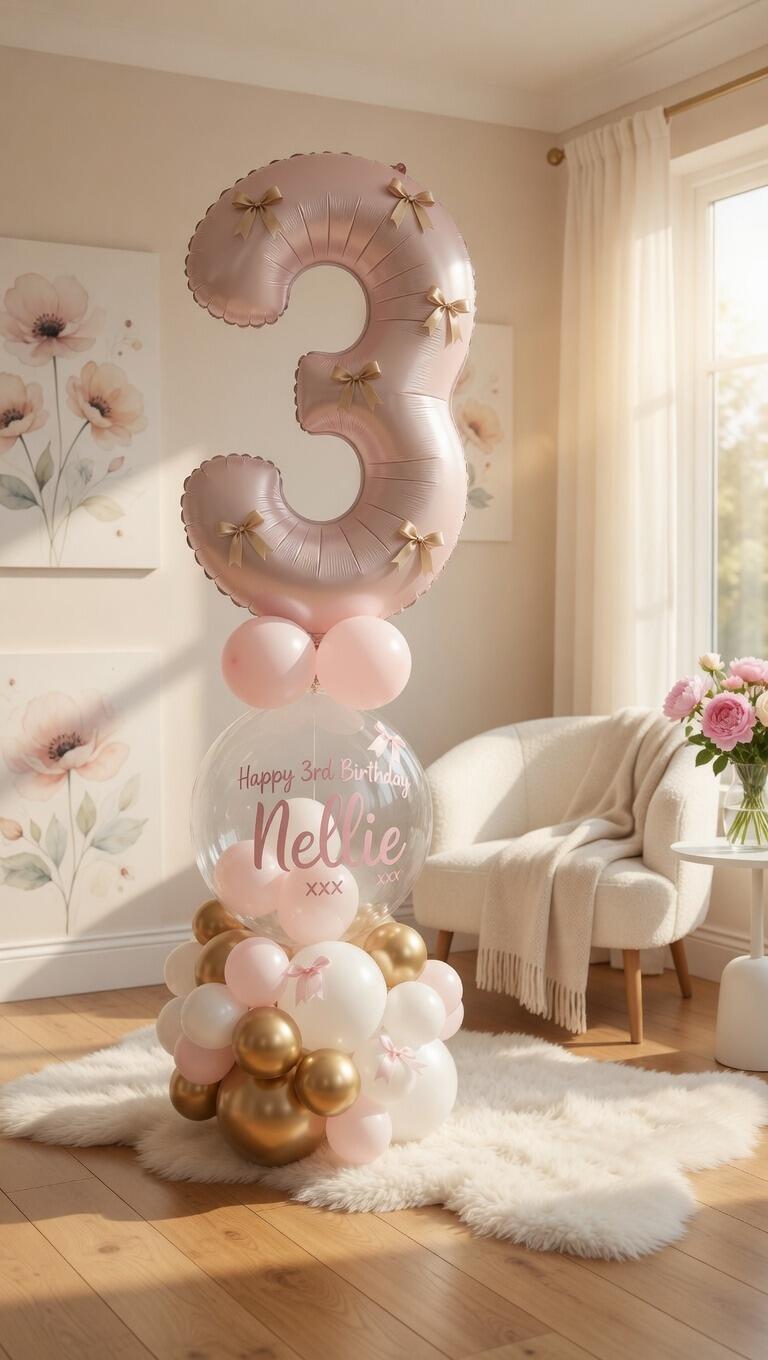 Elegant blush pink and gold number 3 balloon centerpiece for a 3rd birthday. "Happy 3rd Birthday Nellie" displayed in a bright modern living room with natural light.