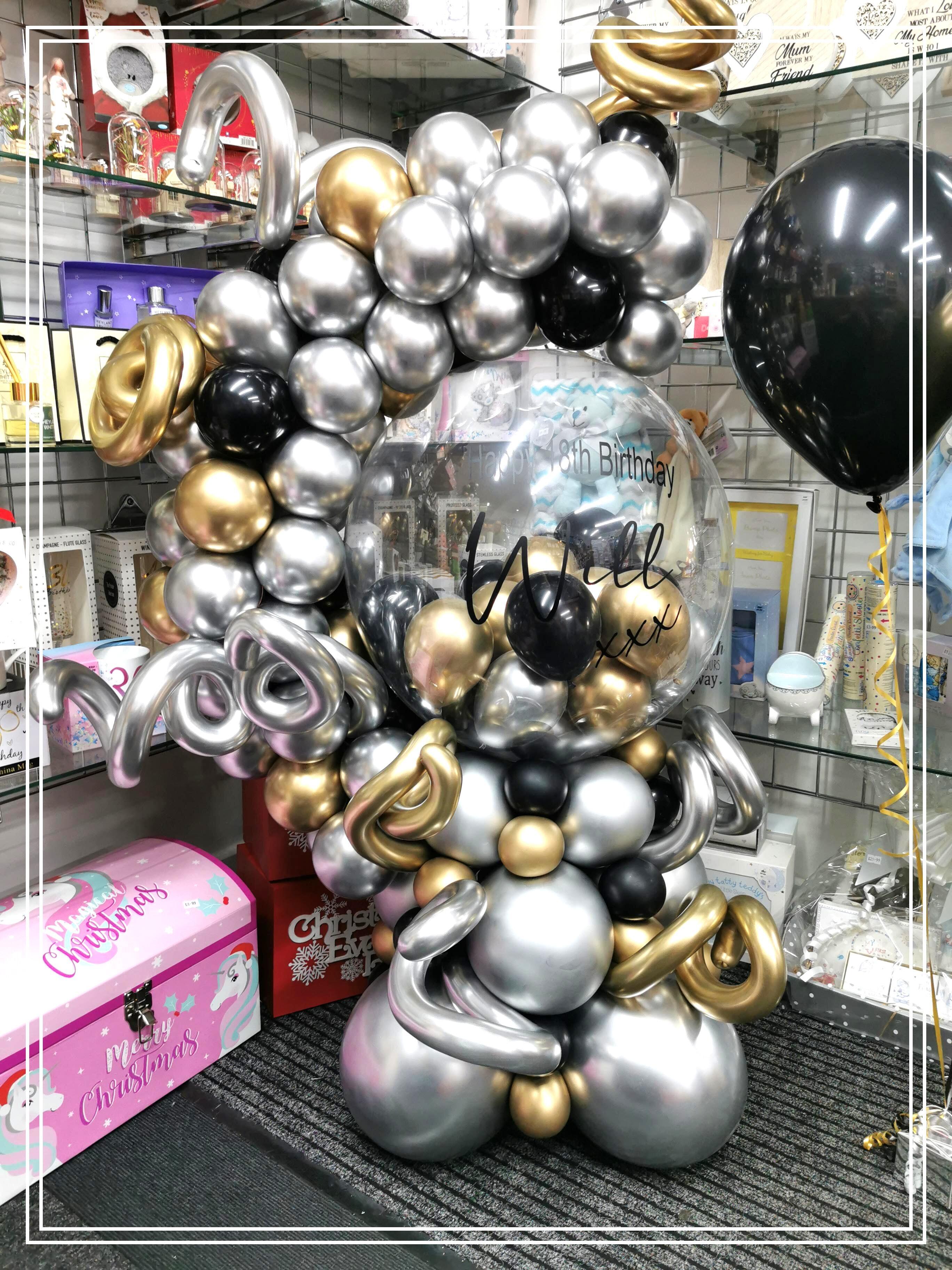 Luxury fancy organic balloon hug display with personalised bubble balloon