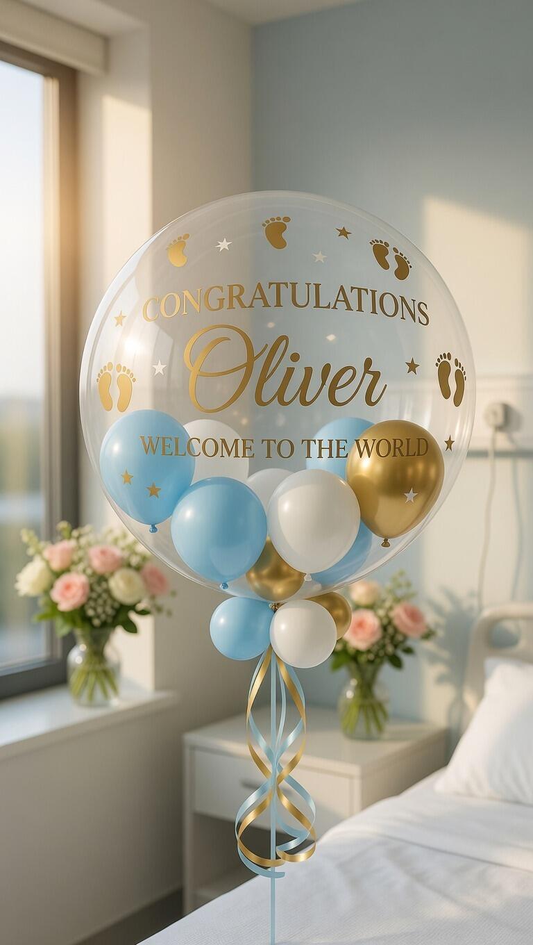 Light blue and gold themed new baby boy personalised balloon