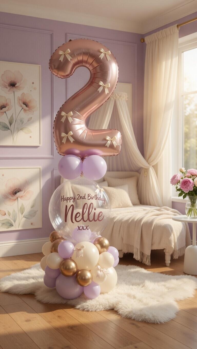 Dreamy rose gold and lavender number 2 balloon arrangement for a 2nd birthday. "Happy 2nd Birthday Nellie" placed in a soft purple bedroom with canopy bed and floral art.