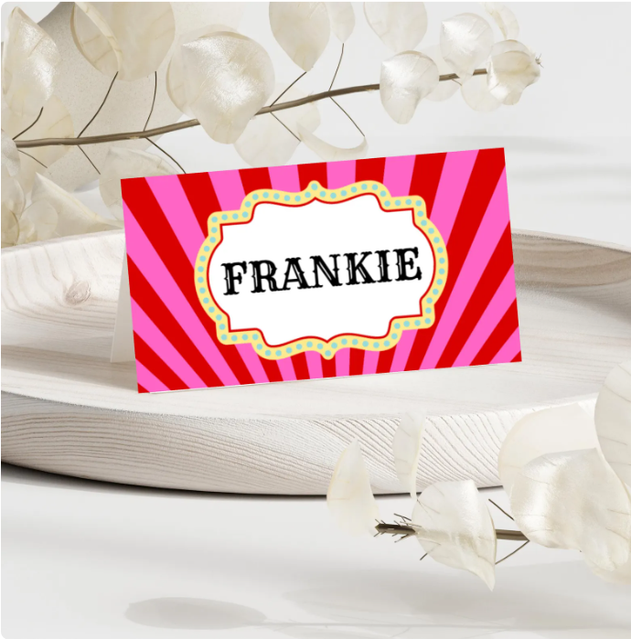 Pink and red striped carnival funfair theme personalised wedding name card