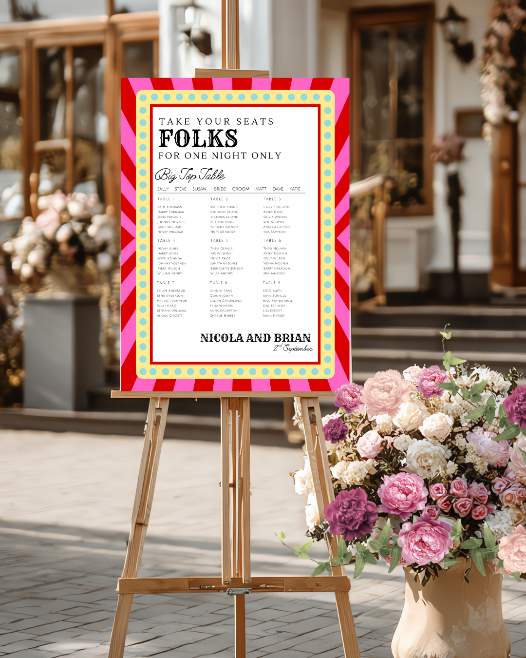 Pink and red striped carnival funfair theme wedding table plan
