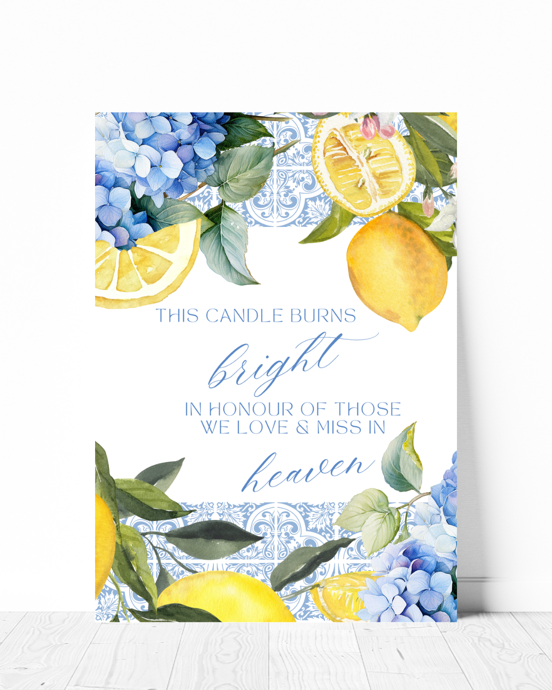 Heaven Light Sign Italian lemon wedding welcome in memory of in soft blues and with lemon and tile print design with personalisation