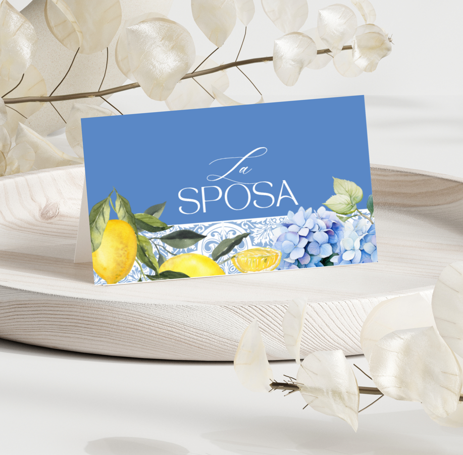 Blue and yellow lemon themed personalised wedding name cards