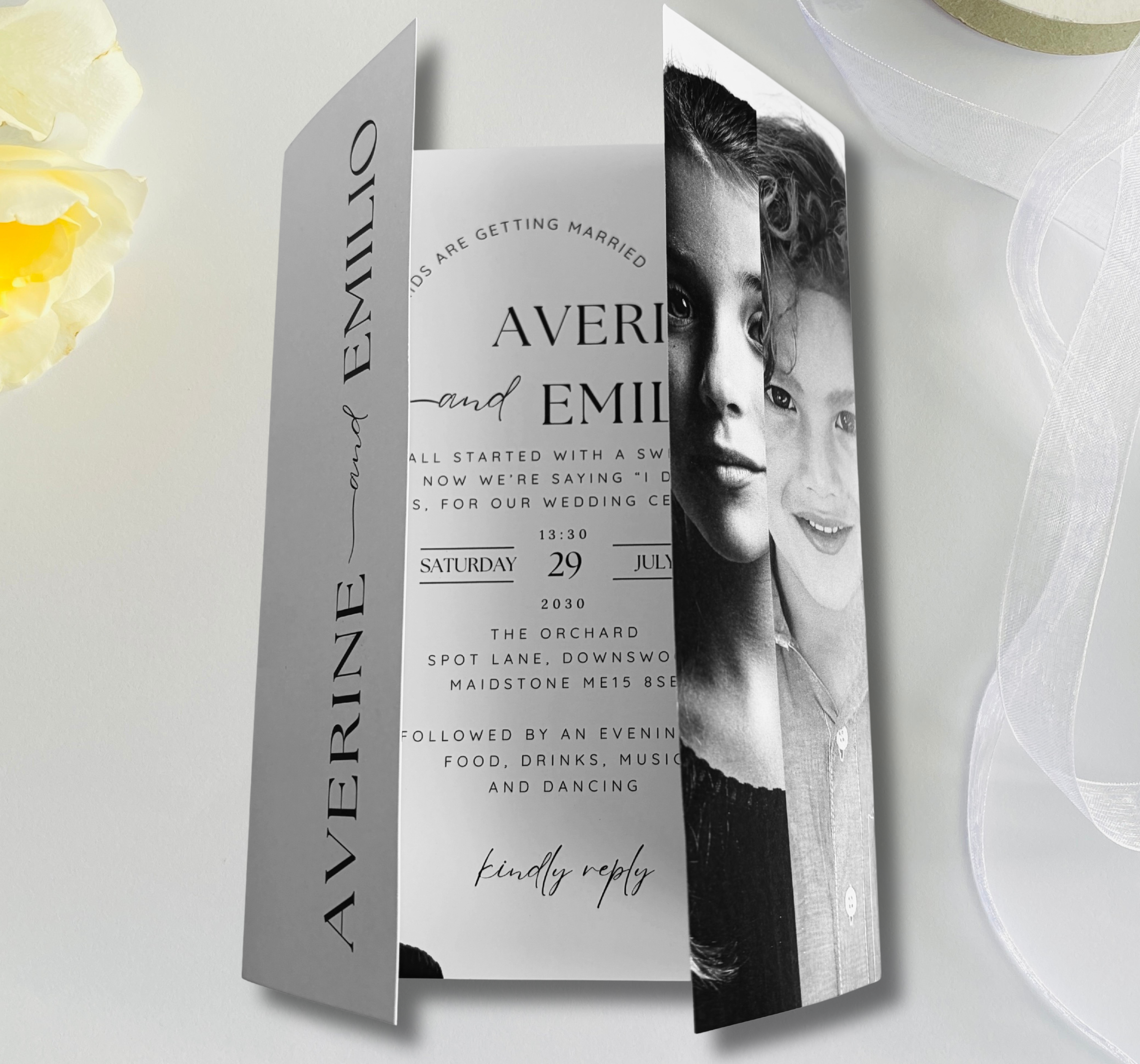 Personalised gatefold wedding invitation with childhood photos and “These Kids Are Getting Married” wording