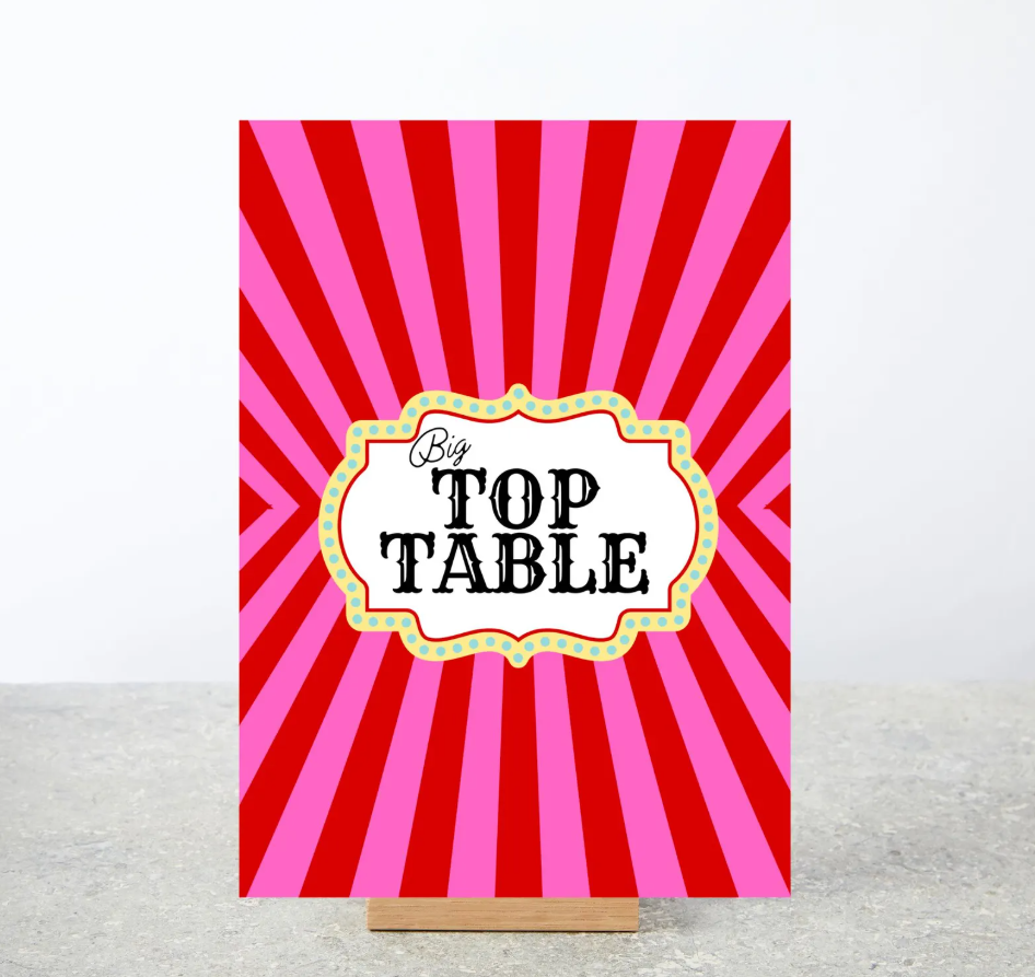 Pink and red striped carnival funfair theme personalised wedding table name cards