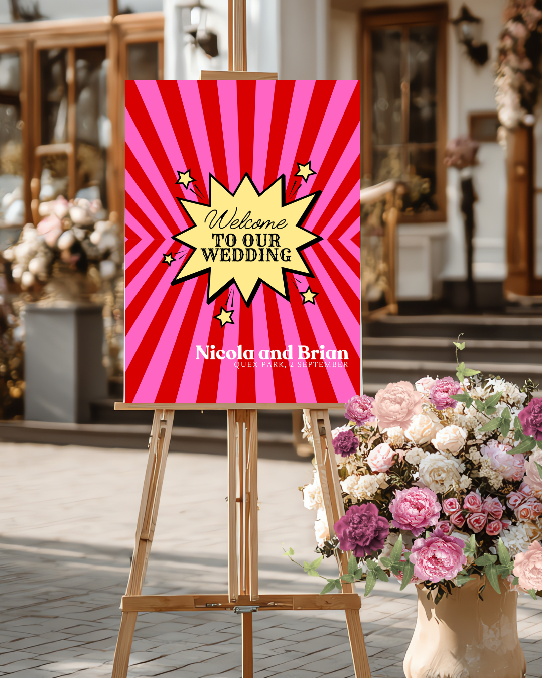 Pink and red striped carnival funfair theme wedding welcome sign