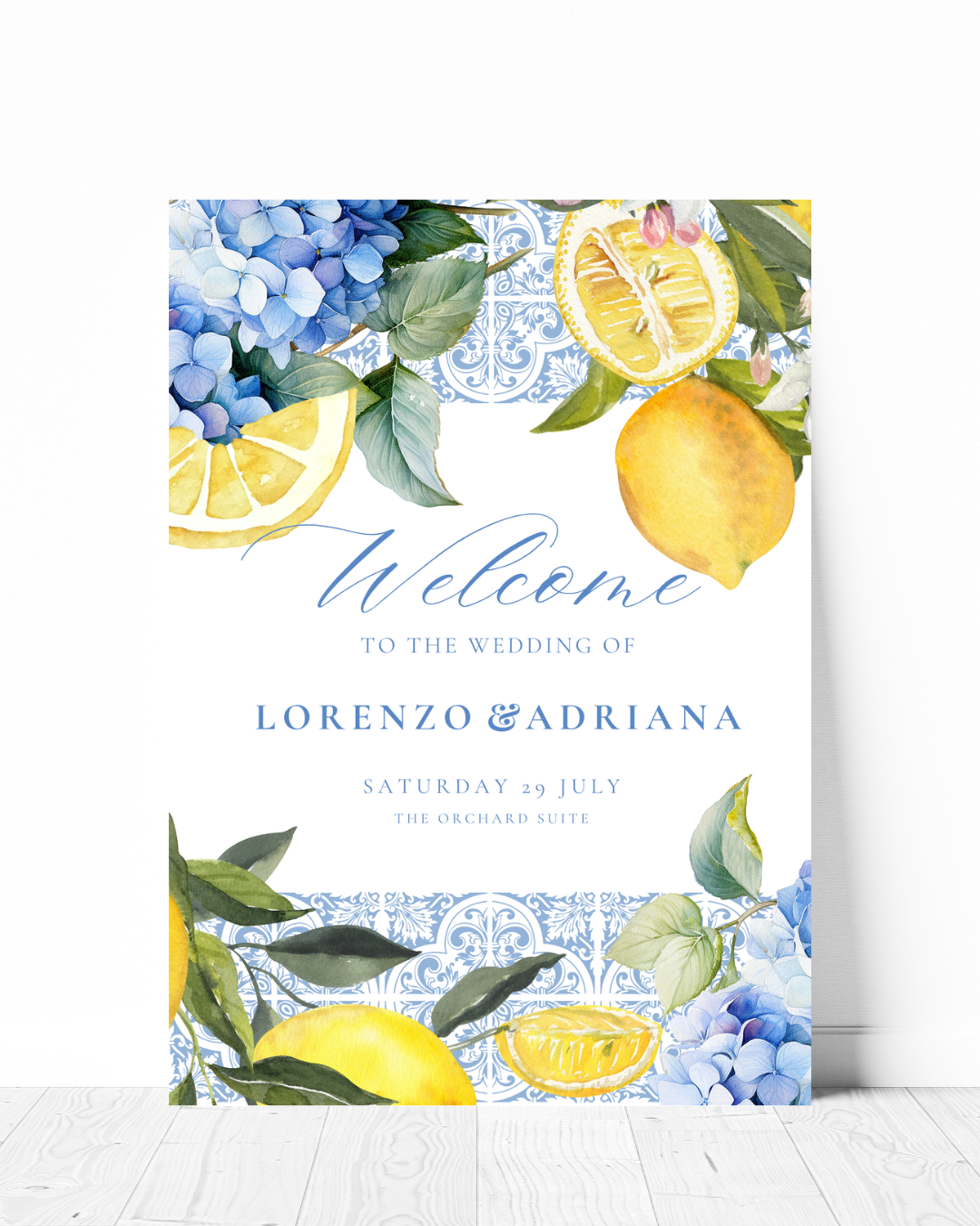 Italian lemon wedding welcome sign in soft blues and with lemon and tile print design with personalisation