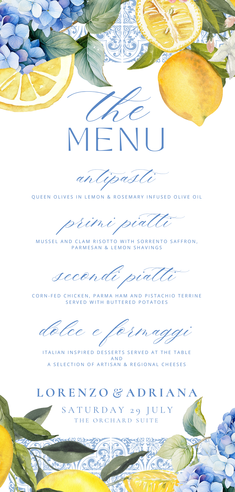 Blue and yellow lemon themed personalised wedding menu cards in detail