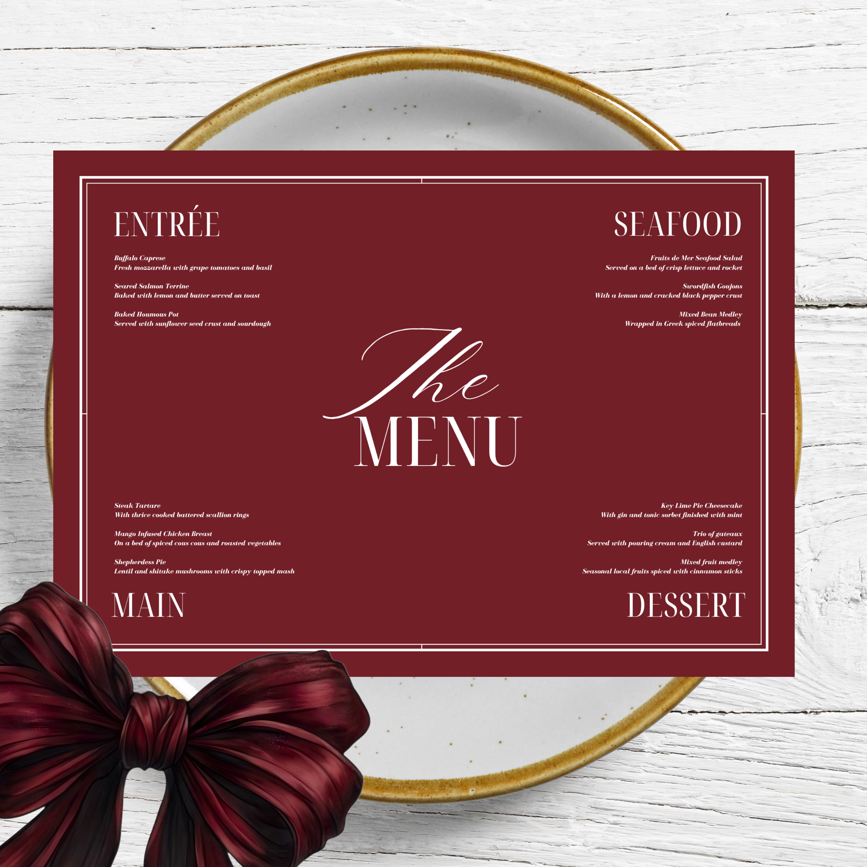 Landscape large burgundy wedding menu place setting