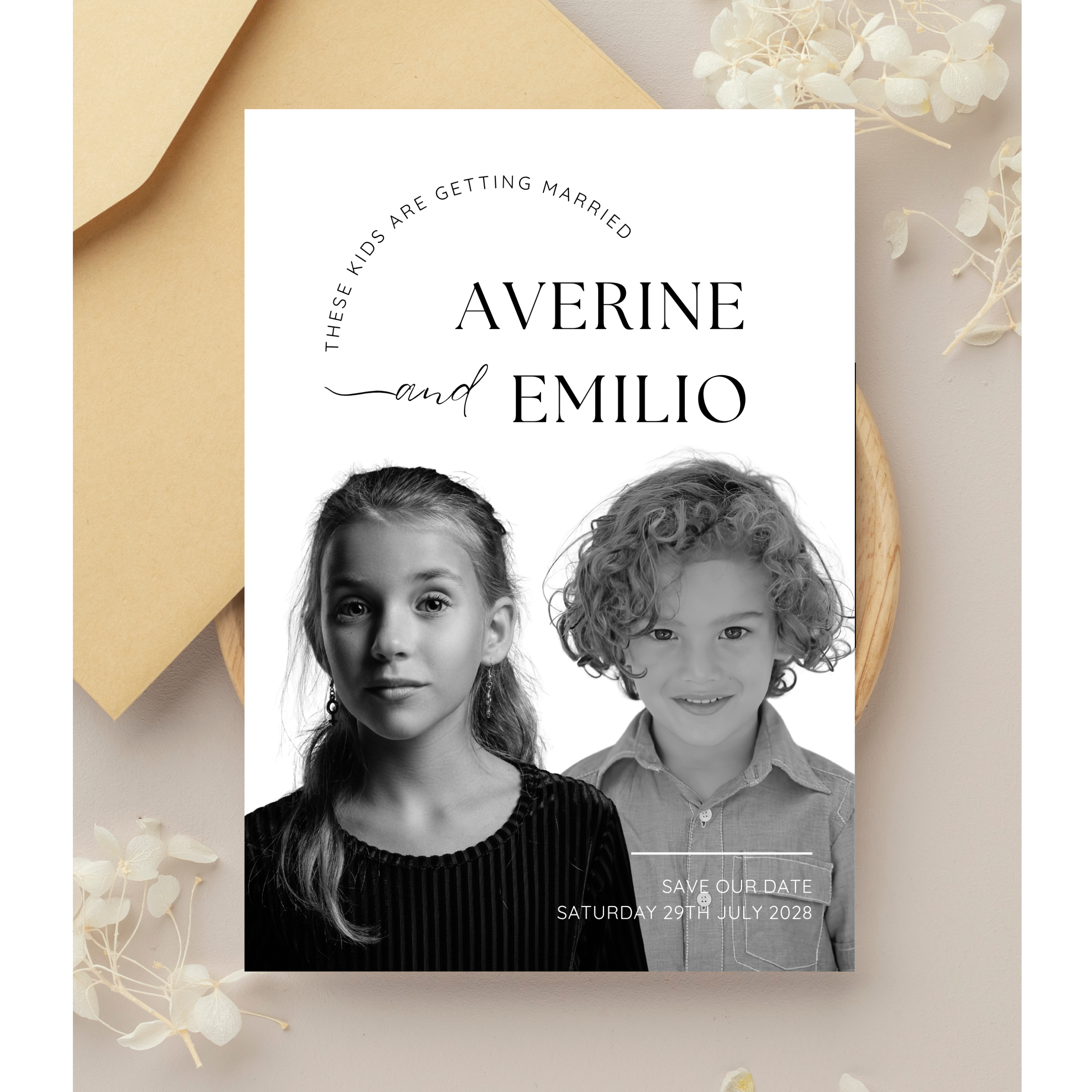 Personalised gatefold wedding Save the Date with childhood photos and “These Kids Are Getting Married” wording