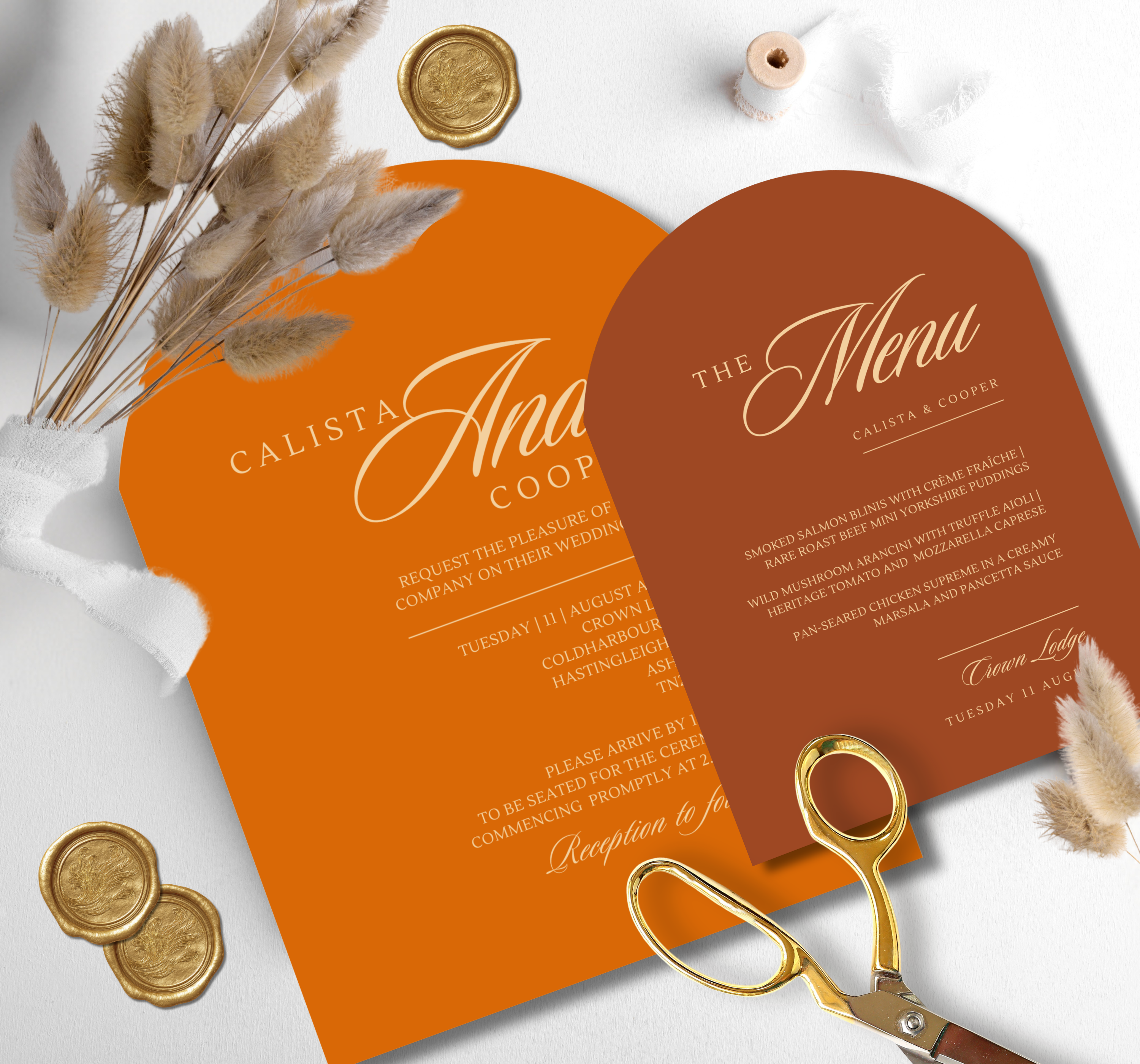 Luxury arched bespoke wedding stationery suite in burnt orange and brown autumn tones from the Calista range