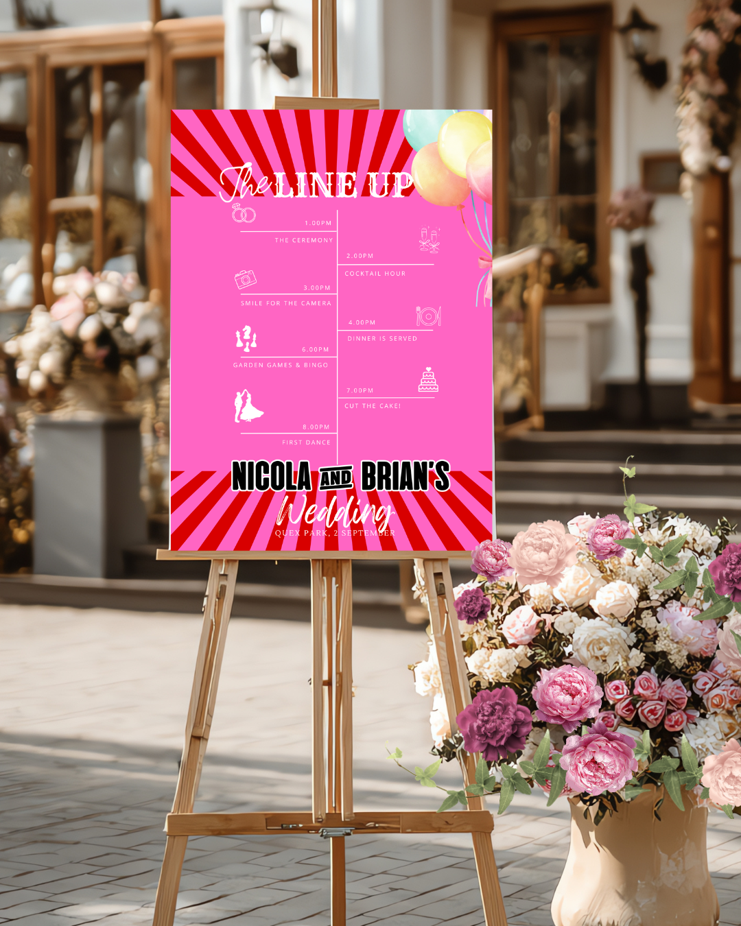 Pink and red striped carnival funfair theme wedding order of events