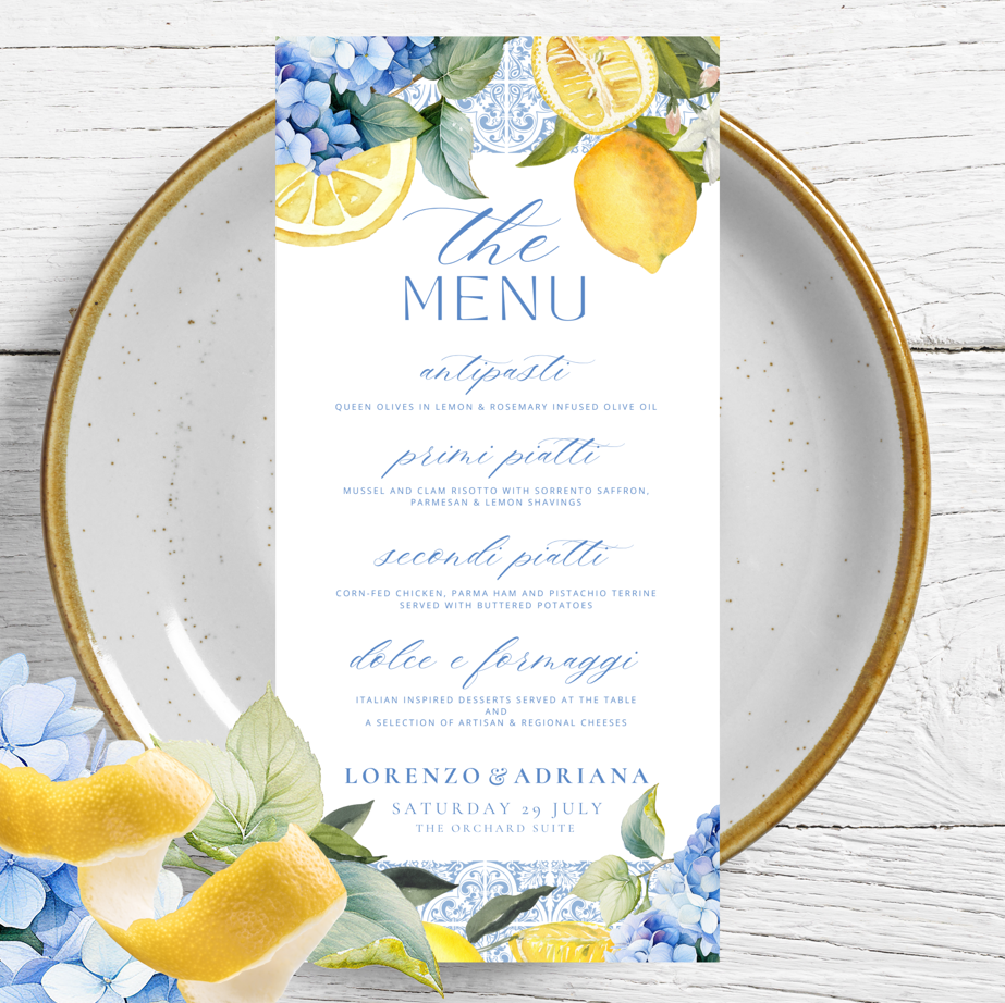 Blue and yellow lemon themed personalised wedding menu cards with food details and couples names and dates