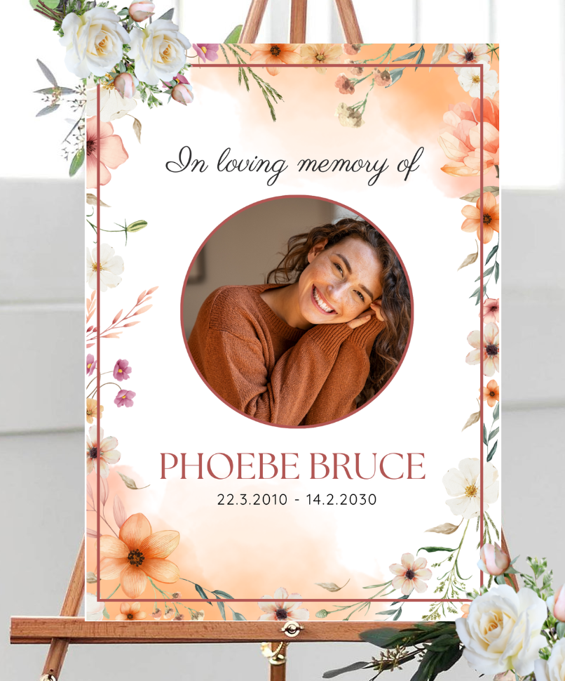 Beige and orange floral border funeral photo poster wake memorial