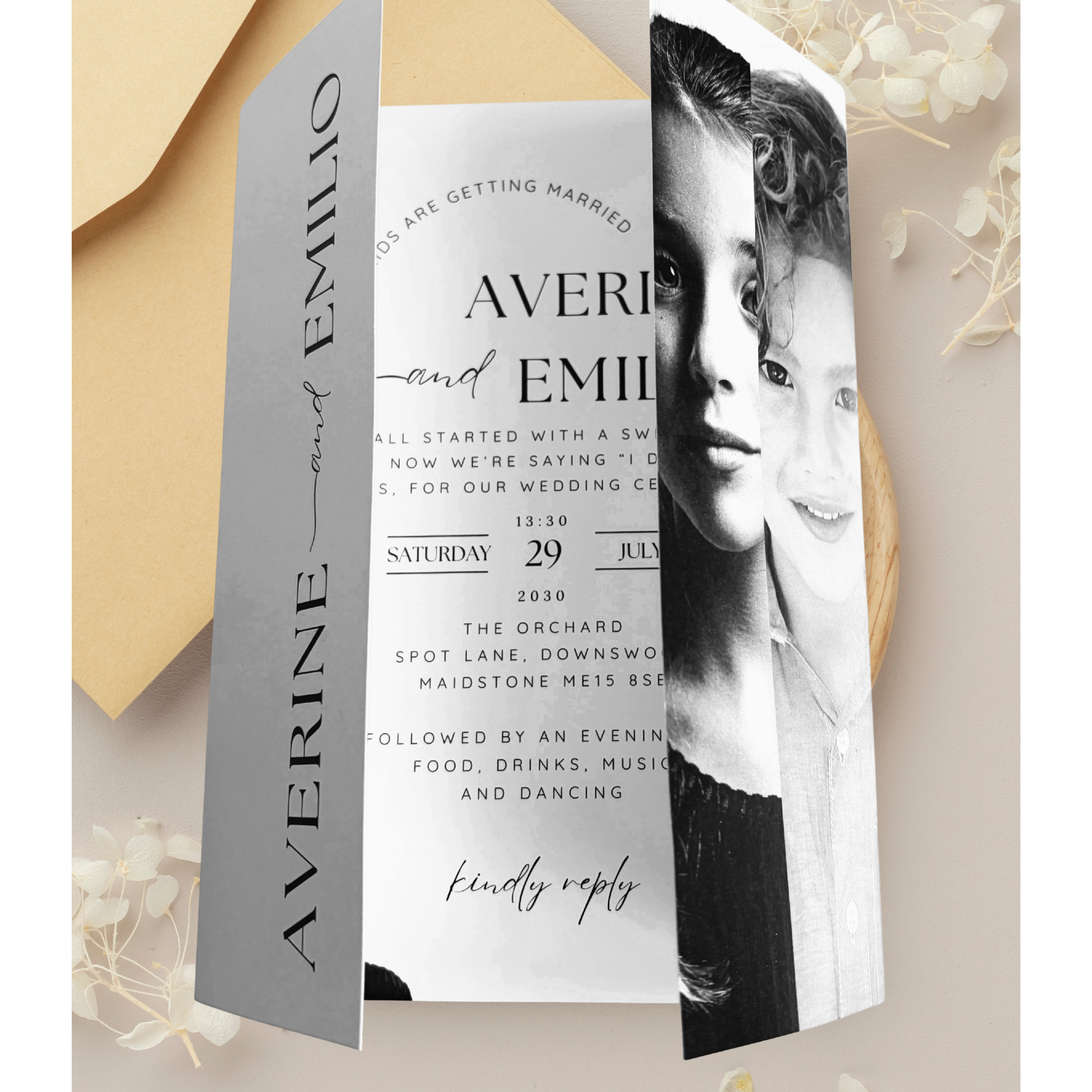 Personalised gatefold wedding invitation with childhood photos and “These Kids Are Getting Married” wording