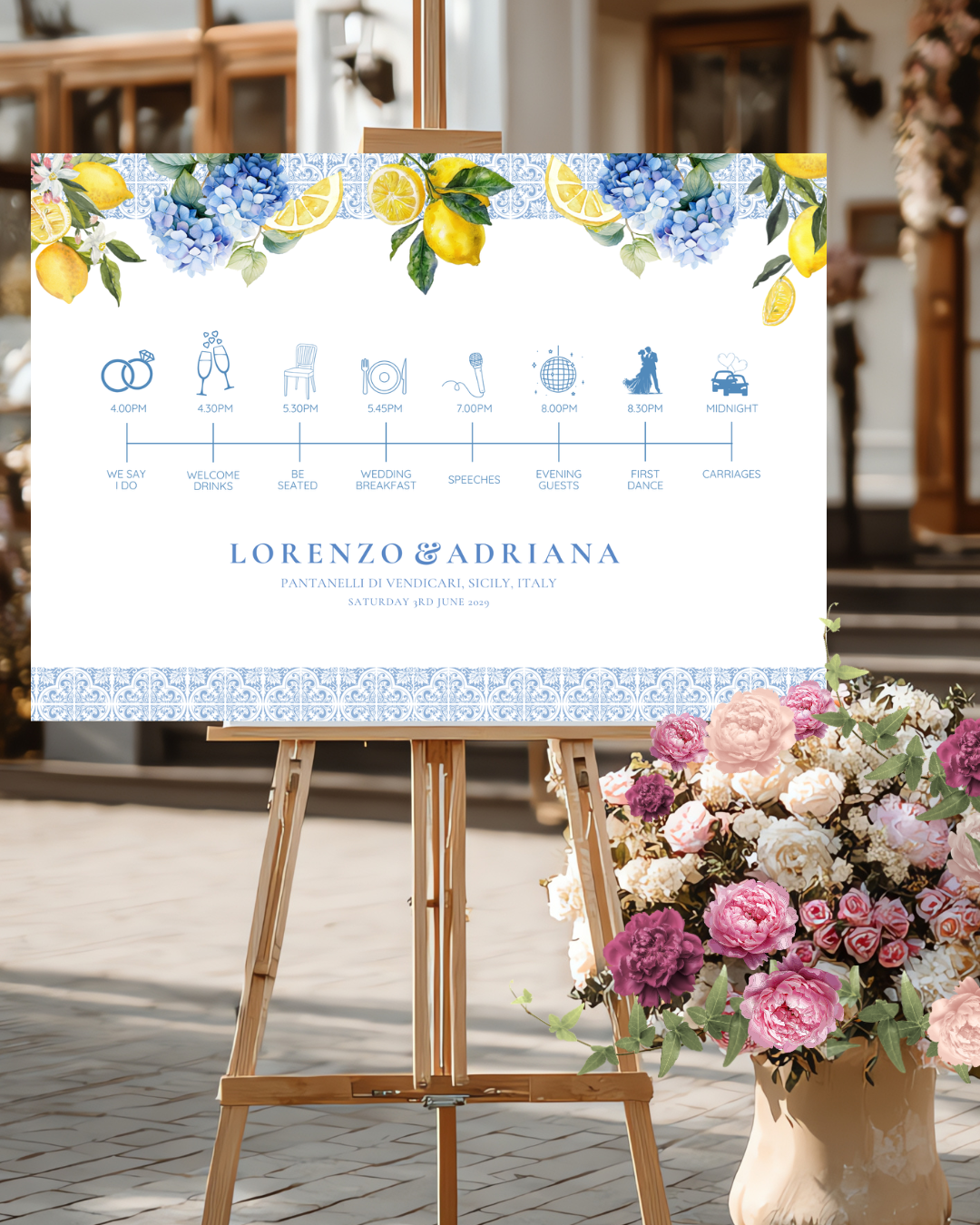 Blue and yellow lemon themed personalised wedding welcome sign