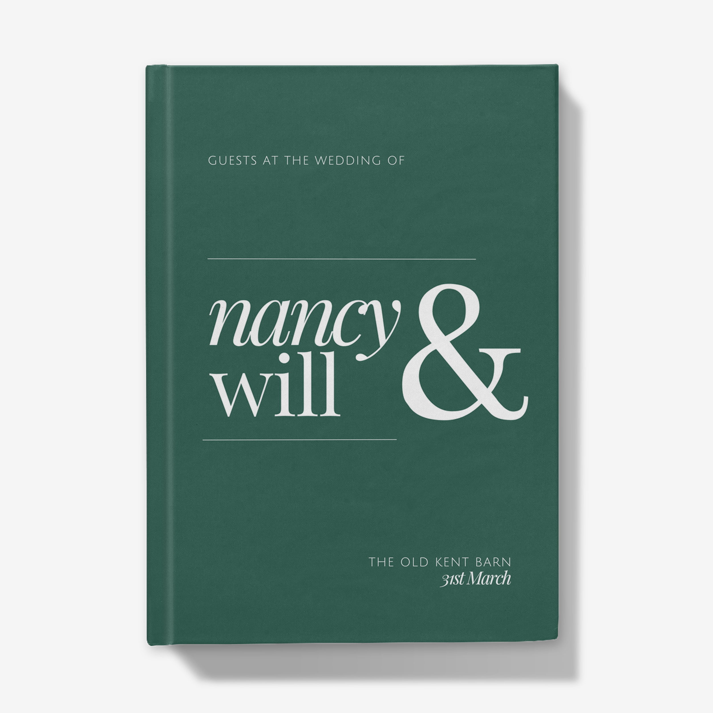 Dark Forest Green Personalised Wedding Guest Book with Modern White Fonts
