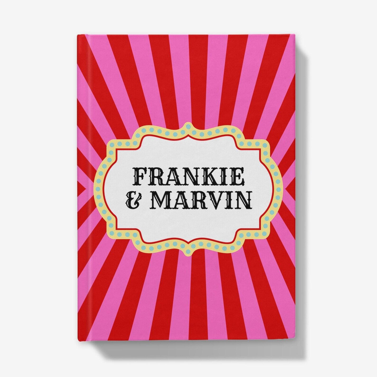 Pink red stripe playful carnival wedding guest book front