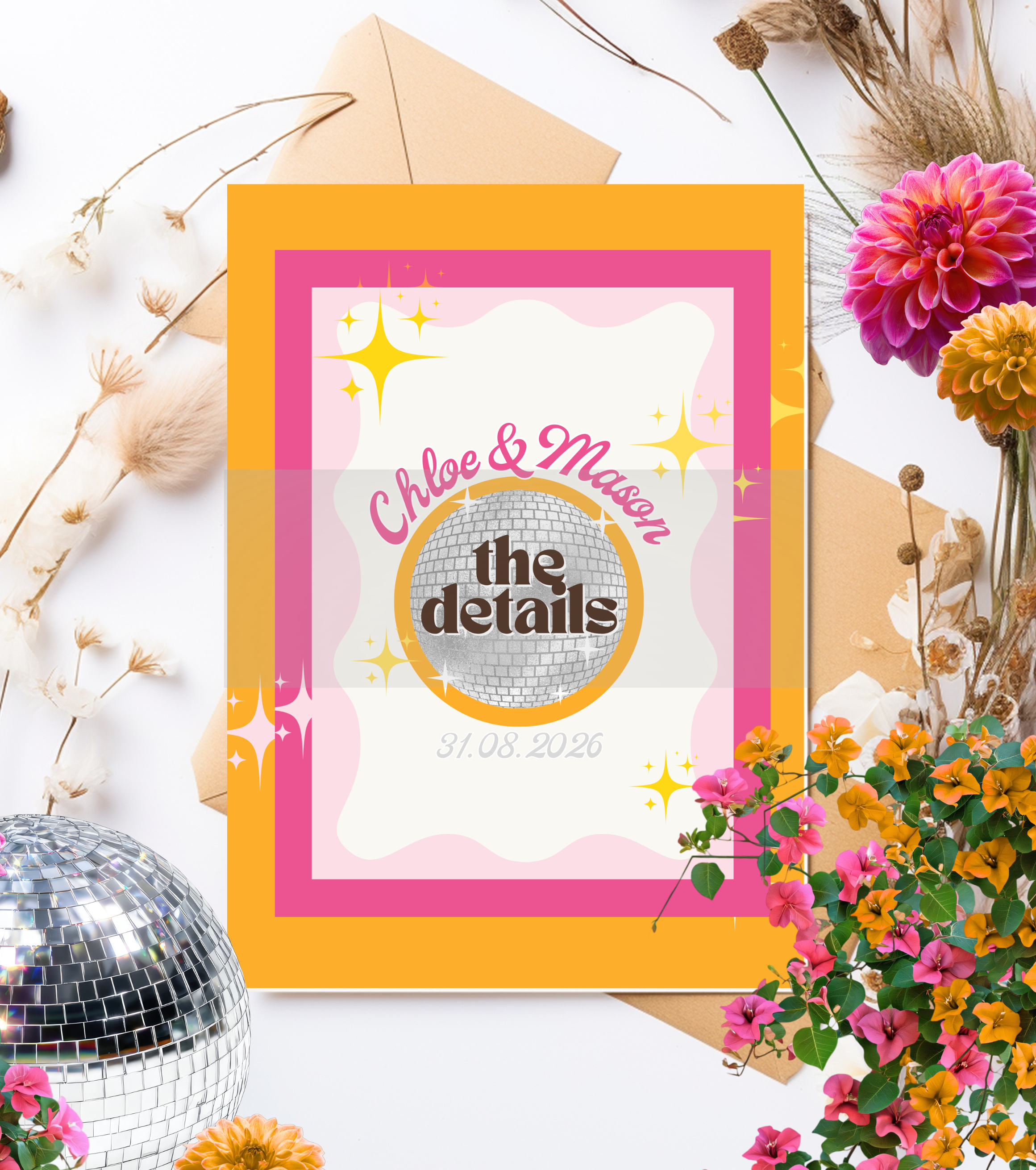 retro pink and orange disco ball wedding invitation suite