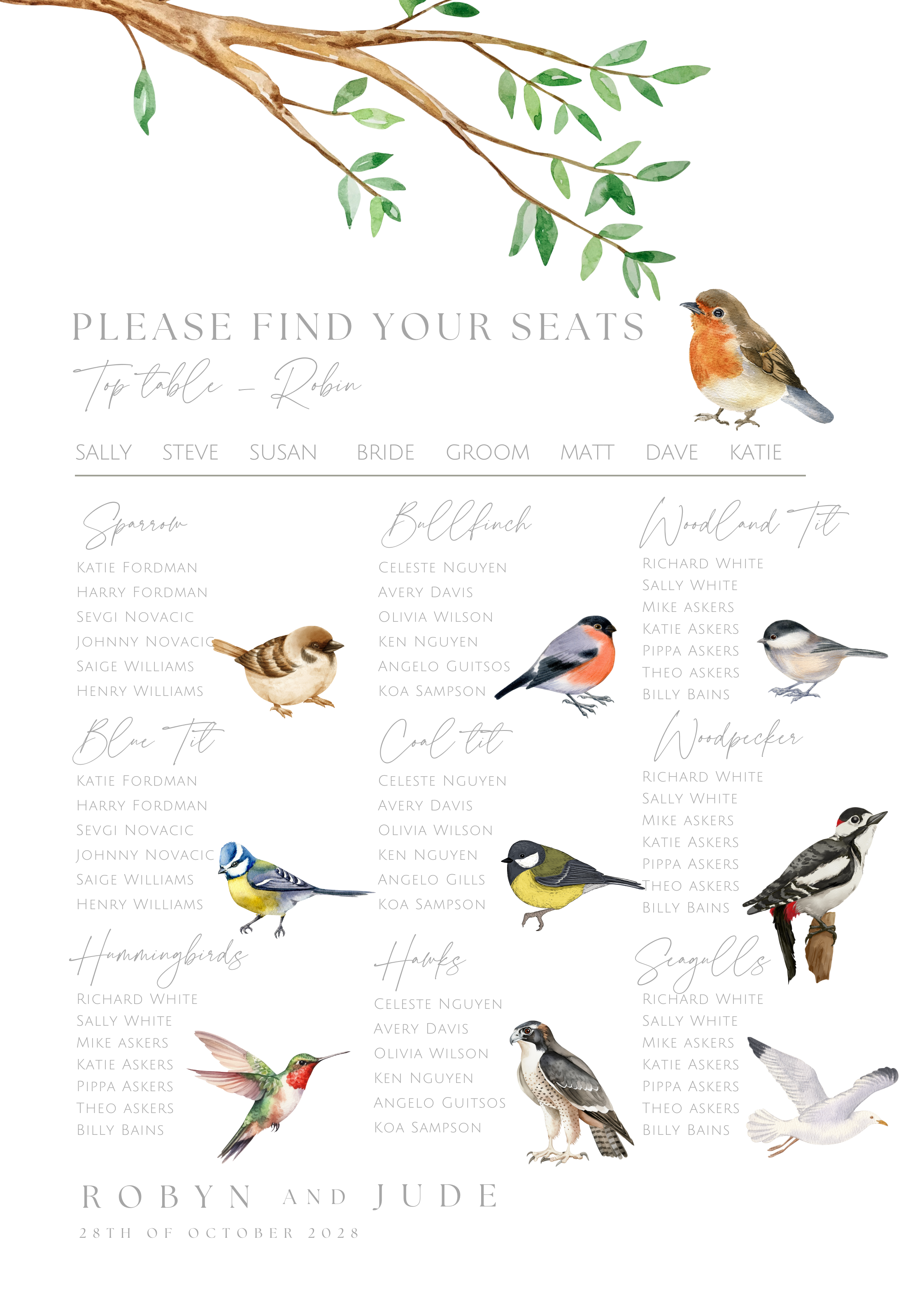 Love Birds wedding table plan