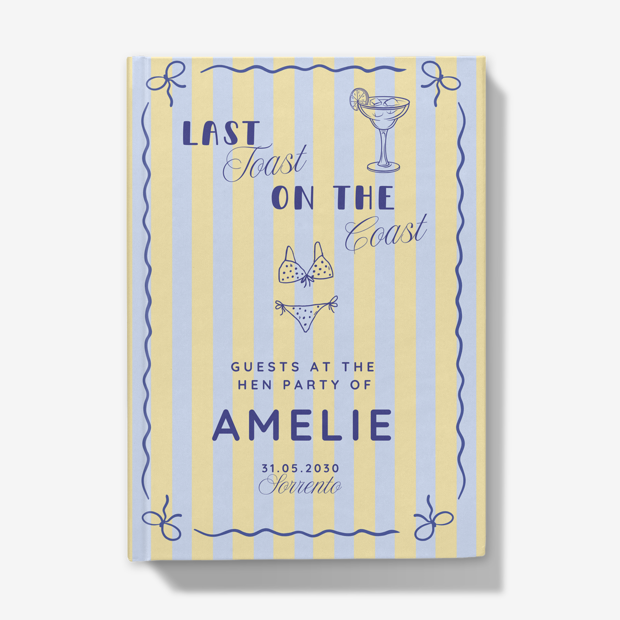 Striped blue and yellow Italian retro beach hen party guest book front with the wording Last Toast on the Coast with bikini and cocktail icons and cute bows.