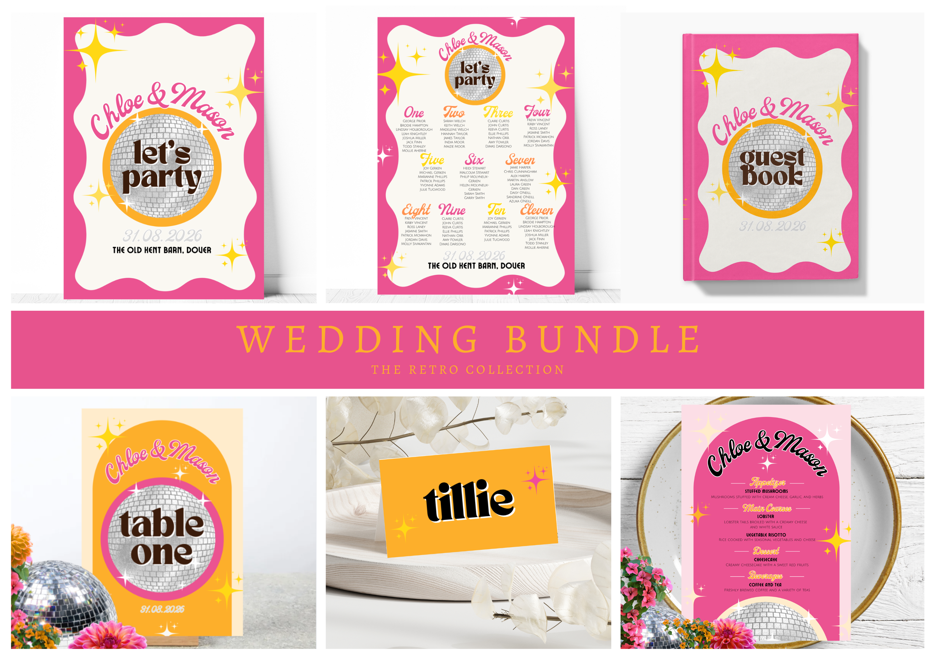Retro wedding on the day reception stationery bundle