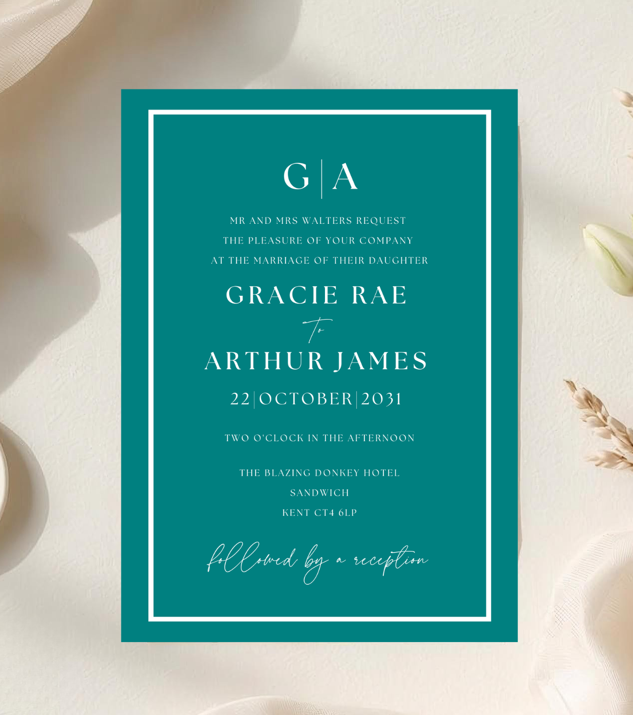 Teal wedding invitation with white border and white fonts