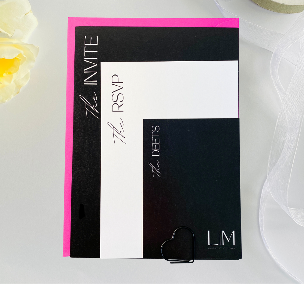 Triple layer black white and hot pink wedding invitation suite