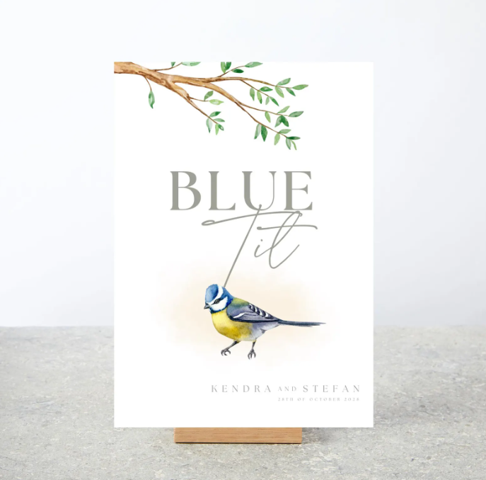 Blue tit wedding table number card