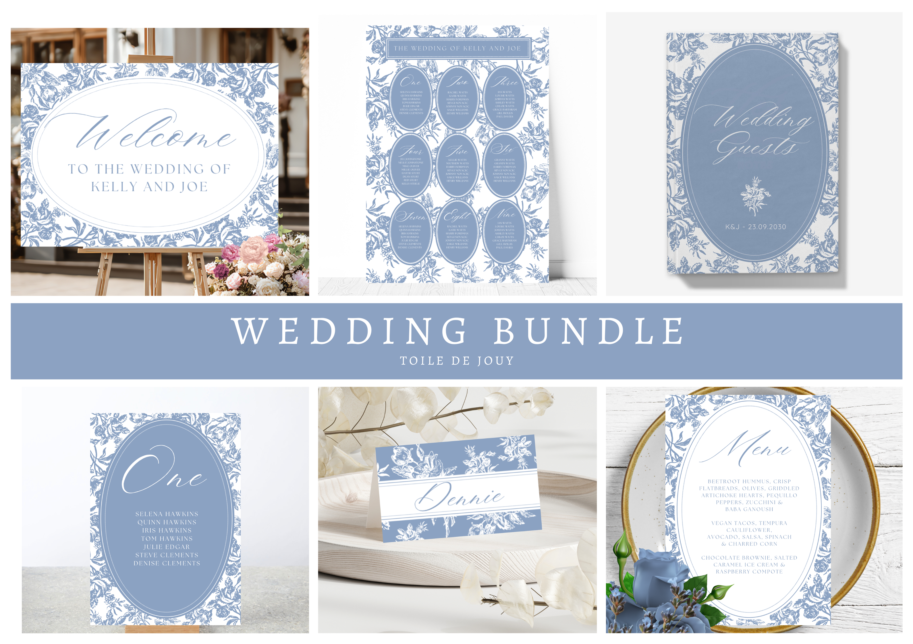 Dusky Blue Toile De Jouy Regency French Style Wedding Signage and Stationery Bundle Collection