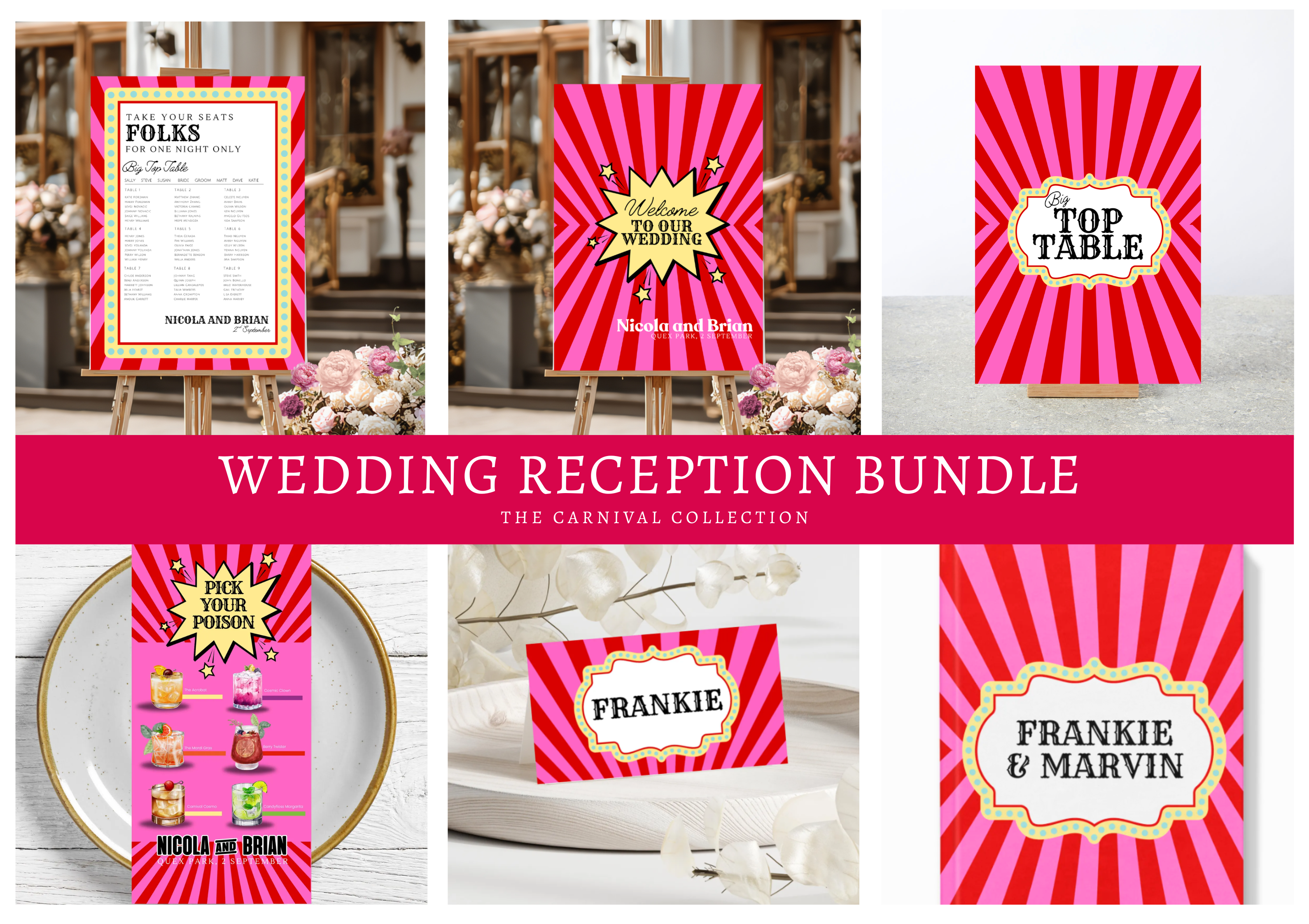 A collection of on the day wedding stationery suitable for a carnival funfair playful themed wedding. Carnival funfair hot pink and red striped wedding on the day stationery collection including personalised welcome welcome signs, wedding order of events signs, wedding seating charts, table number cards, personalised cocktail or wedding food menus, place cards and wedding guest books. All bright, bold and colourful.