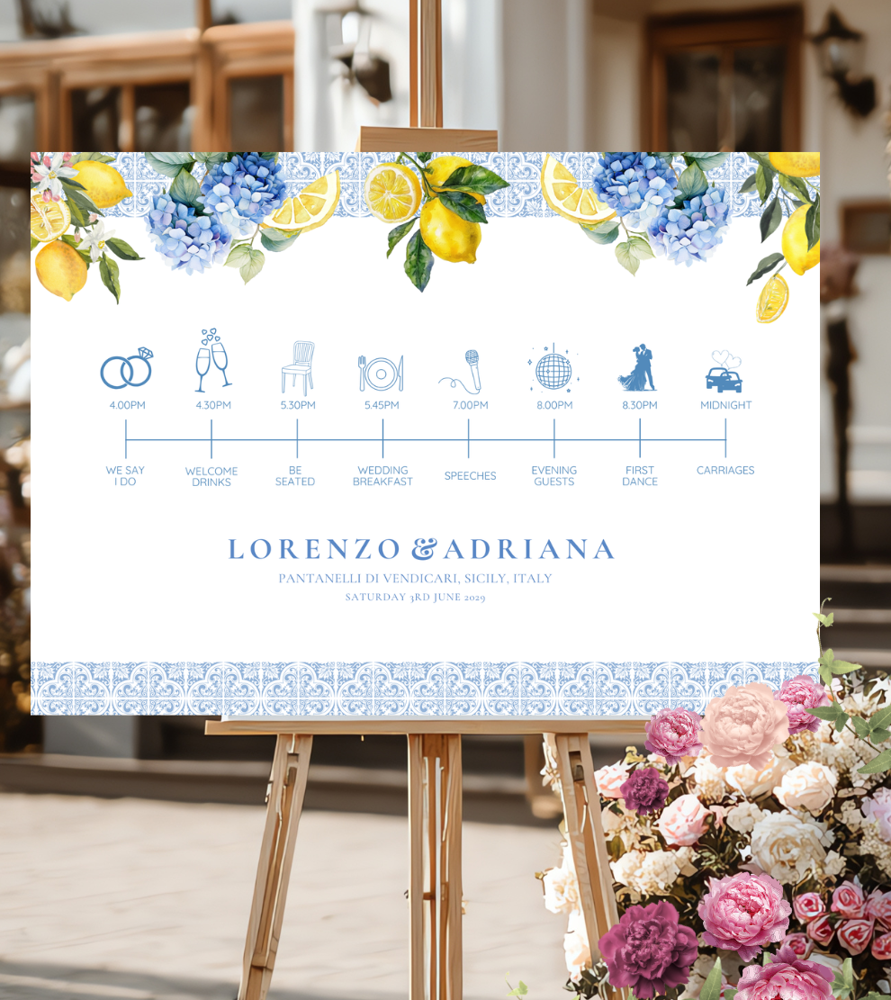 Italian yellow lemons and blue wedding timeline sign