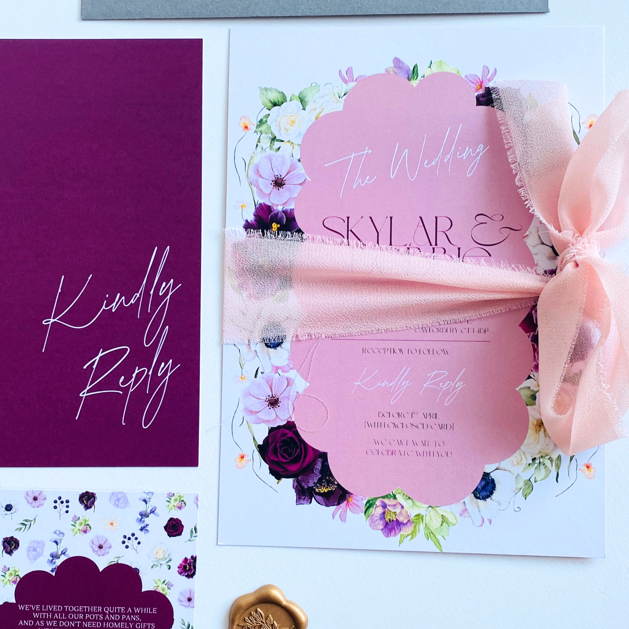 Pink, plum and mauve floral wedding invitation suite with matching RSVP and details cards, designed for a rustic chic wedding celebration