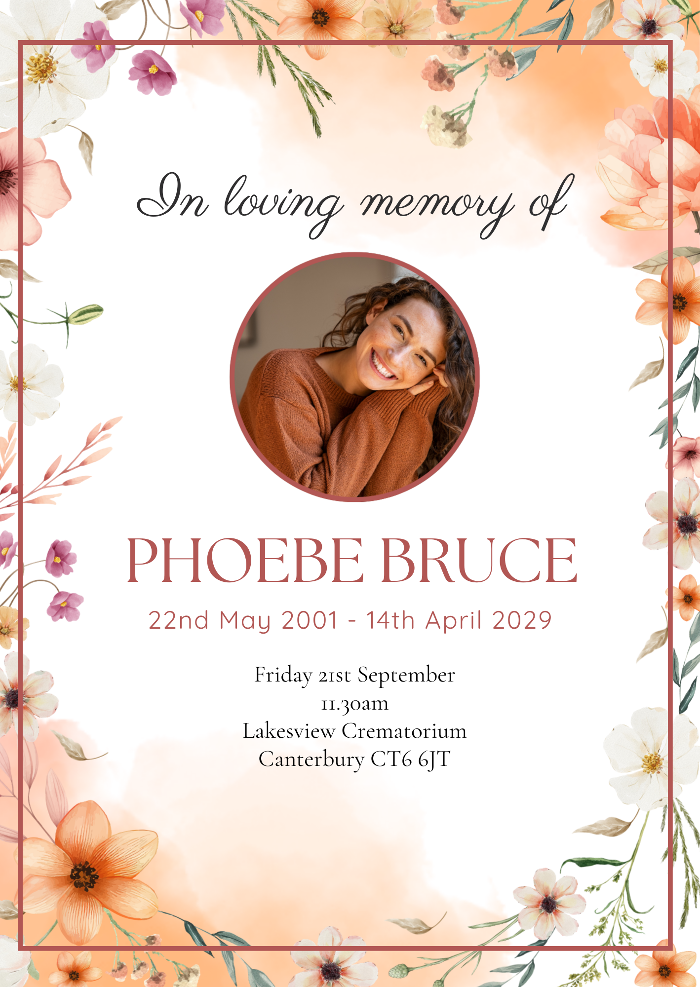 Funeral order of service with photo front cover