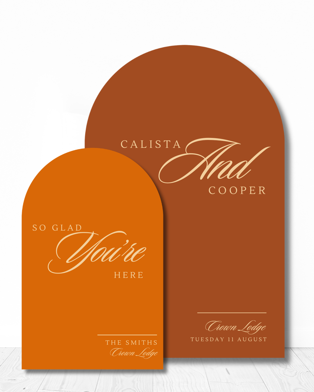Luxury arched wedding sign in burnt orange and brown autumn tones from the Calista range