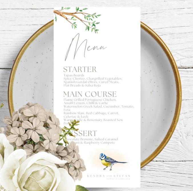 Bird theme wedding menu