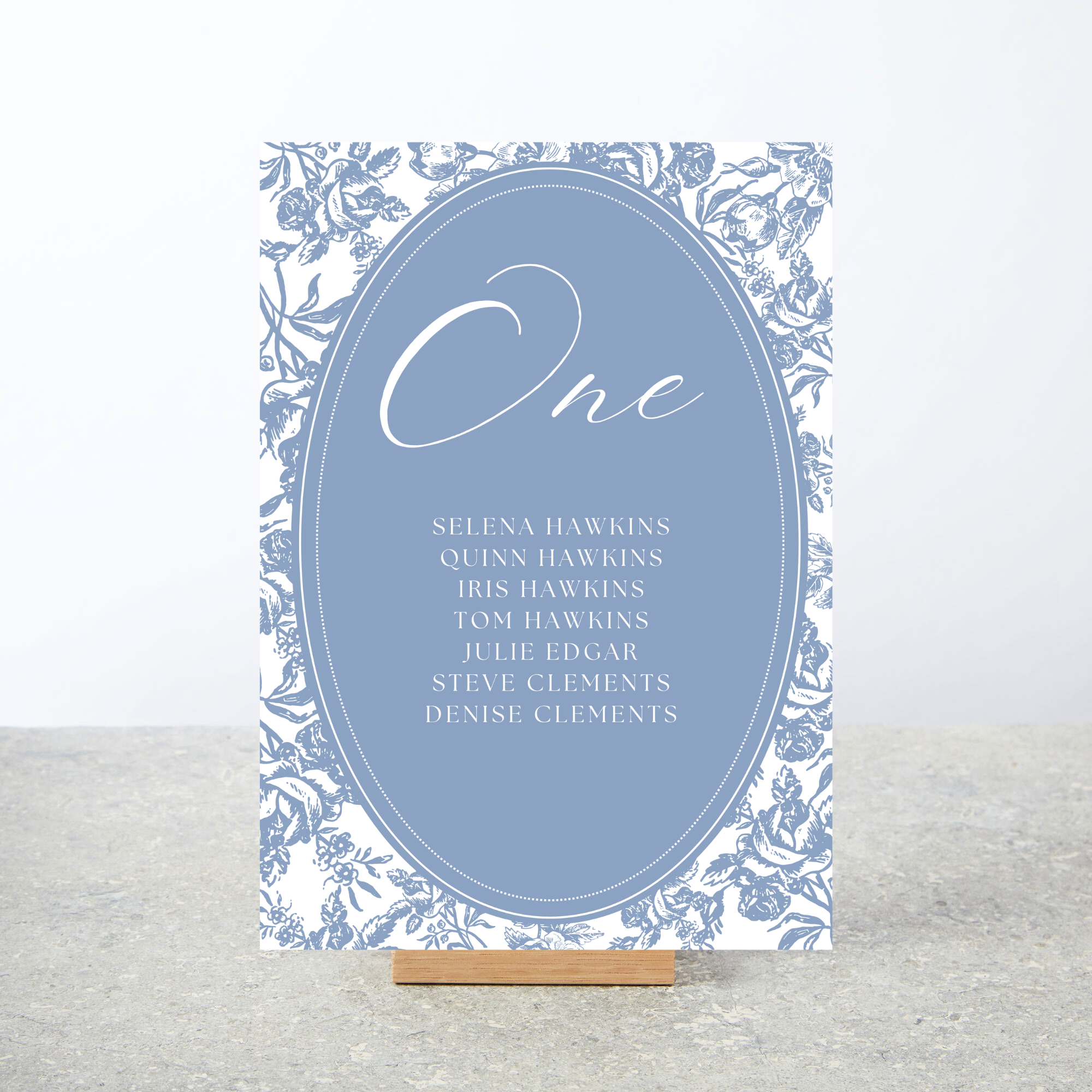 Blue and white patterned wedding table number sign A5 size