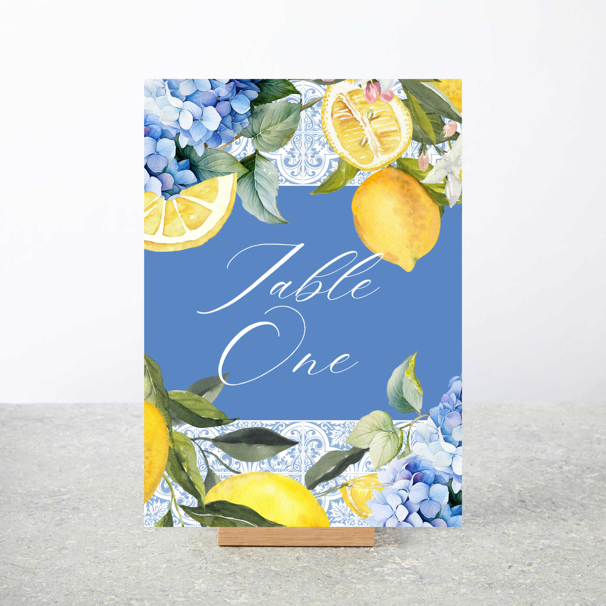 Blue and lemon wedding table number cards