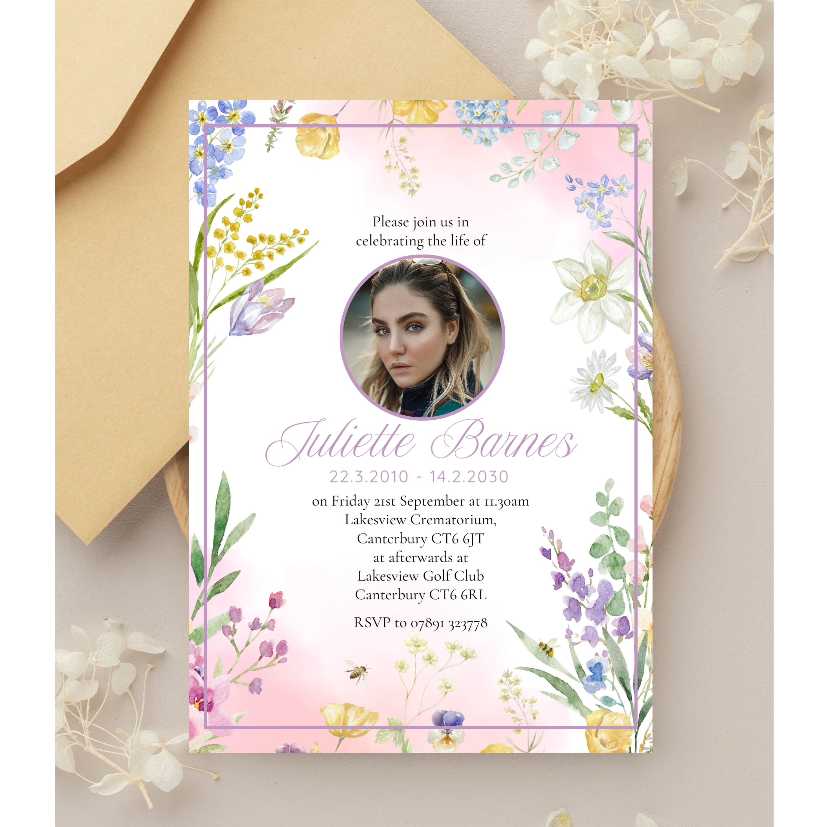 Watercolour floral funeral invitations