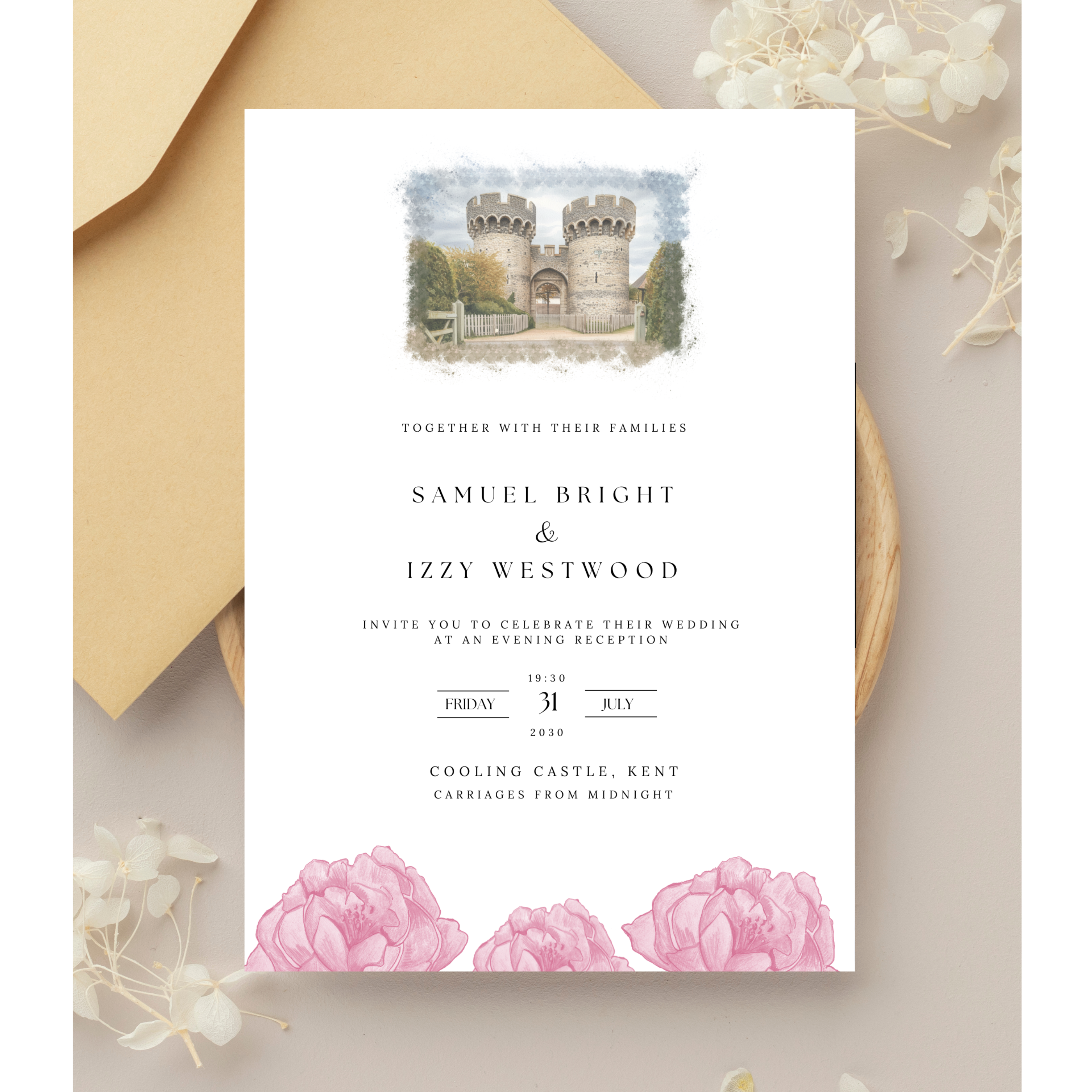 Kent wedding venue personalised invitation Cooling Castle