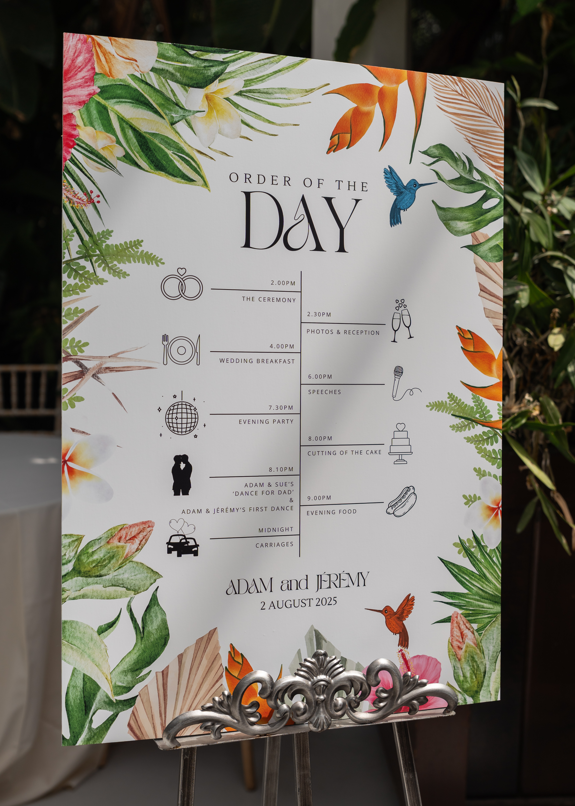 Tropical flower wedding timeline sign for destination weddings by Heart E Designs foamex board